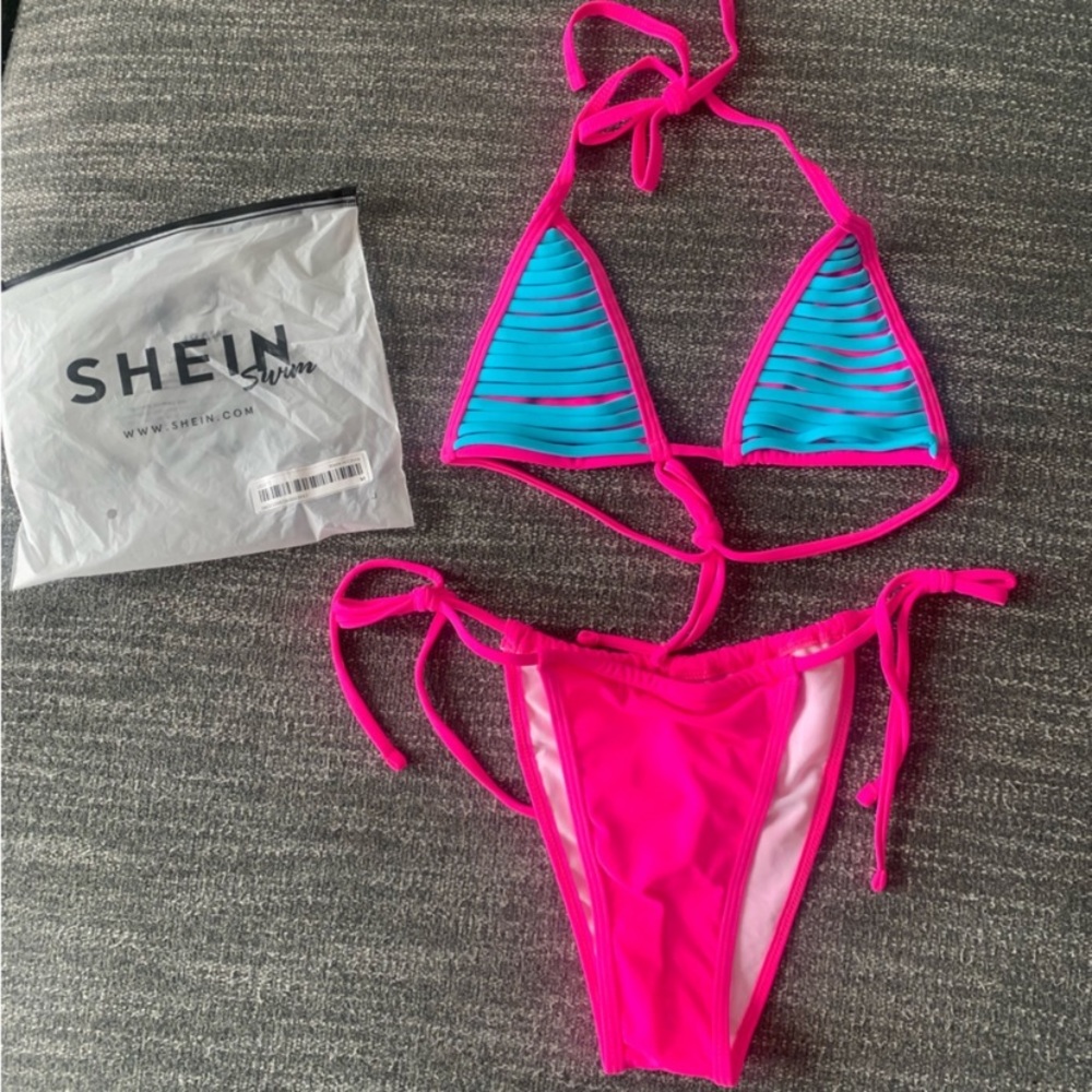 Pink and Blue Striped Cheeky Bikini